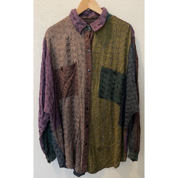 Sacred Threads Boho Art to Wear Patchwork Long Sleeve Button Down Oversized S/M - Picture 1 of 6